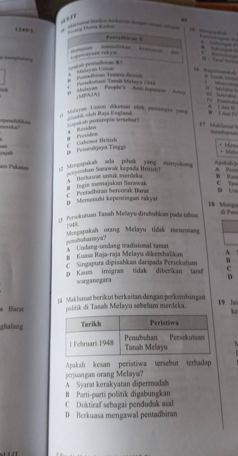 Perang Dunia Kedua
1249/1 15  Makiumat berikut berloutan déngan situasi sslepa 15 Stengapulah
Pentadbran X
Pariemiugean Ra
A Cabungan P1
B  Sodo gan de
Bertujuan memulihkan kearanan dan
n menghslong
kepercayaan rakyat. C Bartentança
Apakah pentadbiran X?
D:  Turaf berkn
Malayan Union 16 Bagrimanalsh
B Pentadbiran Tentera British
di Tanah Melay   Mewyaem
C Persekutuan Tanah Melayu 1948
1   élalal
litik D Malayan People's Anti-Japanese Army III Interalsi IV Pembuka
(MPAJA)
A I dan i
= Malayan Union diketuai olch pemimpin yan B I dan V
dilantik oleh Raja England.
Siapakah pemimpin tersebut?
erpendidikan membanter
mereka?
A Residen
17 Maklumat 5
B Presiden
C Gabenor British
ian Mem
D Pesuruhjaya Tinggi
jajah Melo
am Pakatan 12 Mengapakah ada pihak yang menyokon Apakah p
penyerahan Sarawak kepada British? A Perar
A Berhasrat untuk merdeka B Ran
B Ingin memajukan Sarawak C Taw
C Pentadbiran bercorak Barat D Une
D Memenuhi kepentingan rakyat
18 Menga
13 Persekutuan Tanah Melayu ditubuhkan pada tahun
di Pers
1948.
Mengapakah orang Melayu tidak menentan
penubuhannya?
A Undang-undang tradisional tamat
B Kuasa Raja-raja Melayu dikembalikan A
C Singapura dipisahkan daripada Persekutuan B
D Kaum imigran tidak diberikan taraf c
D
warganegara
14 Maklumat berikut berkaitan dengan perkembangan 19 Jav
a Barat politik di Tanah Melayu sebelum merdeka.
ke
ghalang 
N
  
Apakah kesan peristiwa tersebut terhadap
perjuangan orang Melayu?
A Syarat kerakyatan dipermudah
B Parti-parti politik digabungkan
C Diiktiraf sebagai penduduk asal
D Berkuasa mengawal pentadbiran