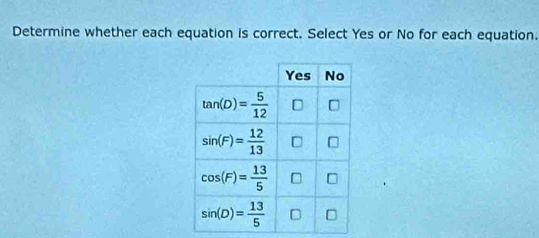 Determine whether each equation is correct. Select Yes or No for each equation.