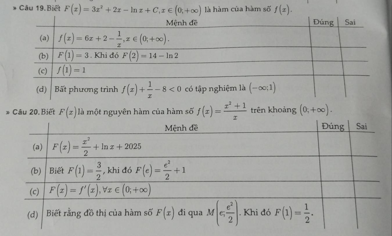 » Câu 19.Biết F(x)=3x^2+2x-ln x+C,x∈ (0;+∈fty ) là hàm của hàm số f(x).
» Câu 20.Biết F(x) là một nguyên hàm của hàm số f(x)= (x^2+1)/x  trên khoảng (0;+∈fty ).