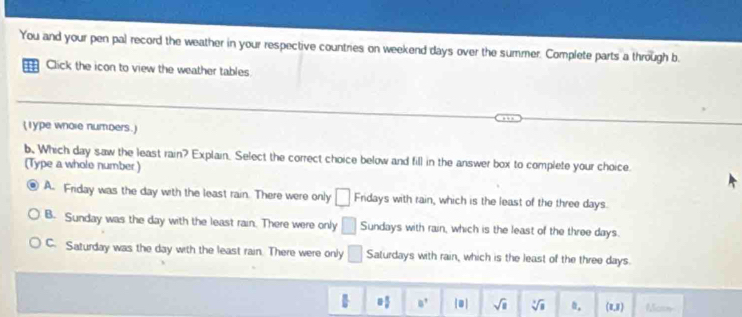 You and your pen pal record the weather in your respective countries on weekend days over the summer. Complete parts a through b.
= Click the icon to view the weather tables
(1ype whole numbers.)
b. Which day saw the least rain? Explain. Select the correct choice below and fill in the answer box to complete your choice.
(Type a whole number )
A. Friday was the day with the least rain. There were only □ Fridays with rain, which is the least of the three days.
B. Sunday was the day with the least rain. There were only □ Sundays with rain, which is the least of the three days.
C. Saturday was the day with the least rain. There were only □ Saturdays with rain, which is the least of the three days.
8^7 ● sqrt(□ ) sqrt[3](8) a. (1,1) Mat