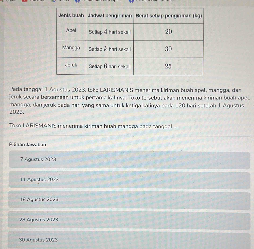 Pada tanggal 1 Agustus 2023, toko LARISMANIS menerima kiriman buah apel, mangga, dan
jeruk secara bersamaan untuk pertama kalinya. Toko tersebut akan menerima kiriman buah apel,
mangga, dan jeruk pada hari yang sama untuk ketiga kalinya pada 120 hari setelah 1 Agustus
2023.
Toko LARISMANIS menerima kiriman buah mangga pada tanggal ....
Pilihan Jawaban
7 Agustus 2023
11 Agustus 2023
18 Agustus 2023
28 Agustus 2023
30 Agustus 2023