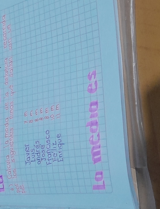 LL 
6) Calculo la moda de la distancia recorida 
por los siguientes ninos goe saltan con un 
pie 
Javier ym 
LUis, 8 m
andres 8 m
Jose 8 m
Francisco 8 m
Felit 10 m
Enrique 11m
La medeaes