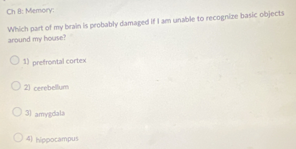 Ch 8: Memory:
Which part of my brain is probably damaged if I am unable to recognize basic objects
around my house?
1) prefrontal cortex
2) cerebellum
3) amygdala
4) hippocampus