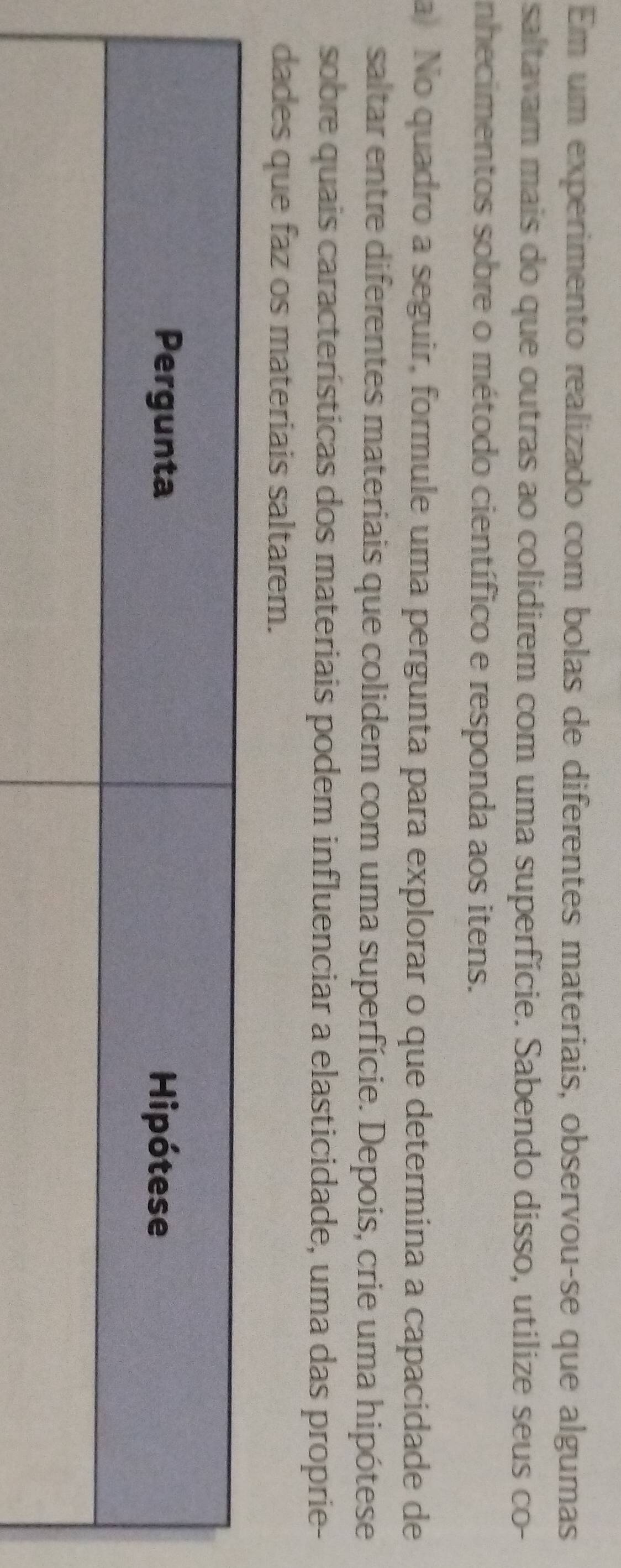 Em um experimento realizado com bolas de diferentes materiais, observou-se que algumas 
saltavam mais do que outras ao colidirem com uma superfície. Sabendo disso, utilize seus co- 
nhecimentos sobre o método científico e responda aos itens. 
a No quadro a seguir, formule uma pergunta para explorar o que determina a capacidade de 
saltar entre diferentes materiais que colidem com uma superfície. Depois, crie uma hipótese 
sobre quais características dos materiais podem influenciar a elasticidade, uma das proprie- 
dades que faz os materiais saltarem.