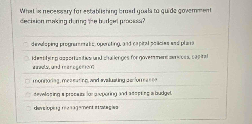 What is necessary for establishing broad goals to guide government
decision making during the budget process?
developing programmatic, operating, and capital policies and plans
identifying opportunities and challenges for government services, capital
assets, and management
monitoring, measuring, and evaluating performance
developing a process for preparing and adopting a budget
developing management strategies