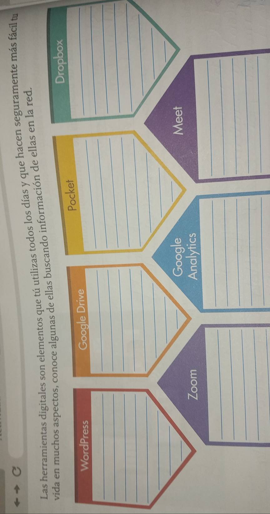 Las herramientas digitales son elementos que tú utilizas todos los días y que hacen seguramente más fácil tu 
vida en muchos aspectos, conoce algunas de ellas buscando información de ellas en la red. 
Dropbox 
_ 
Pocket 
WordPress Google Drive_ 
_ 
_ 
_ 
_ 
_ 
_ 
_ 
_ 
_ 
_ 
_ 
_ 
_ 
_ 
_ 
_ 
_ 
_ 
_ 
_ 
_ 
_ 
_ 
_ 
_ 
_ 
_ 
_ 
_ 
_ 
Google Meet 
Zoom Analytics 
_ 
_ 
_ 
_ 
_ 
_ 
_ 
_ 
_ 
_ 
_ 
_ 
_ 
_ 
_