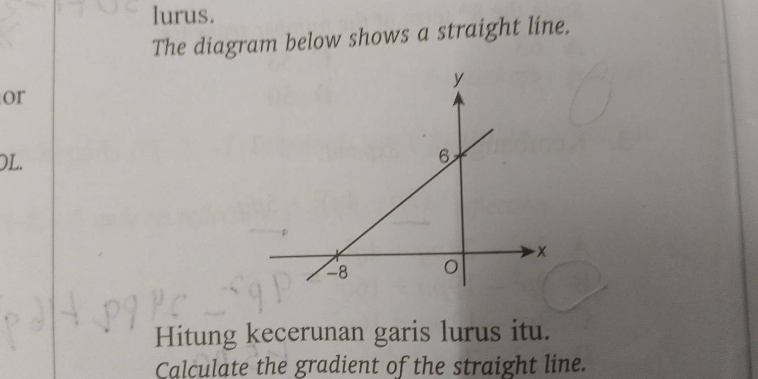 lurus. 
The diagram below shows a straight line. 
or 
)L. 
Hitung kecerunan garis lurus itu. 
Calculate the gradient of the straight line.