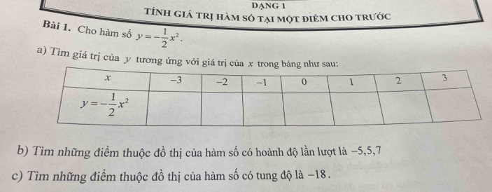 DANG 1
TÍNh giá trị hàm số tại một điẻm chO trước
Bài 1. Cho hàm số y=- 1/2 x^2.
a) Tìm giá trị của y tương ứng với giá trị của x trong bảngsa
b) Tìm những điểm thuộc đồ thị của hàm số có hoành độ lần lượt là −5,5,7
c) Tìm những điểm thuộc đồ thị của hàm số có tung độ là −18.