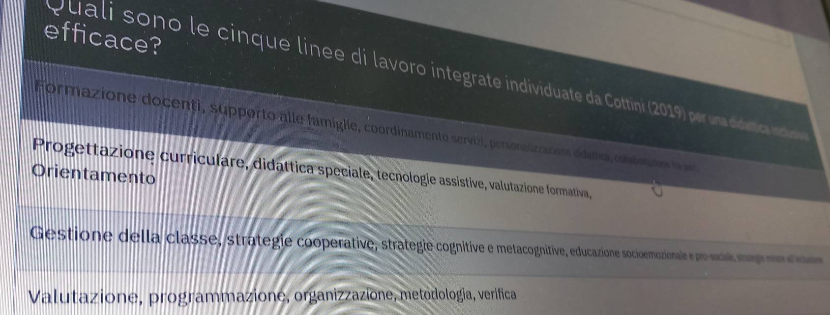 efficace?
Quali sono le cinque linee di lavoro integrate individuate da Cottini (2019) per una didartica inclar
Formazione docenti, supporto alle famiglie, coordinamento servizi, personalizzazions didítica, coliatonutn l es
Progettazione curriculare, didattica speciale, tecnologie assistive, valutazione formativa,
Orientamento
Gestione della classe, strategie cooperative, strategie cognitive e metacognitive, educazione socioemozionale e pro-socak mp d
Valutazione, programmazione, organizzazione, metodologia, verifica