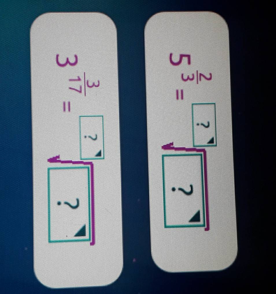 5^(frac 2)3=sqrt[3](?^-sqrt ?)
3^(frac 3)17=^□ ?sqrt(?)