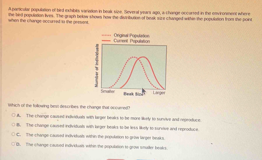 A particular population of bird exhibits variation in beak size. Several years ago, a change occurred in the environment where
the bird population lives. The graph below shows how the distribution of beak size changed within the population from the point
when the change occurred to the present.
… Original Population
— Current Population
Which of the following best describes the change that occurred?
A. The change caused individuals with larger beaks to be more likely to survive and reproduce.
B. The change caused individuals with larger beaks to be less likely to survive and reproduce.
C. The change caused individuals within the population to grow larger beaks.
D. The change caused individuals within the population to grow smaller beaks.