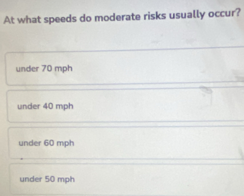 Solved: At what speeds do moderate risks usually occur? under 70 mph ...