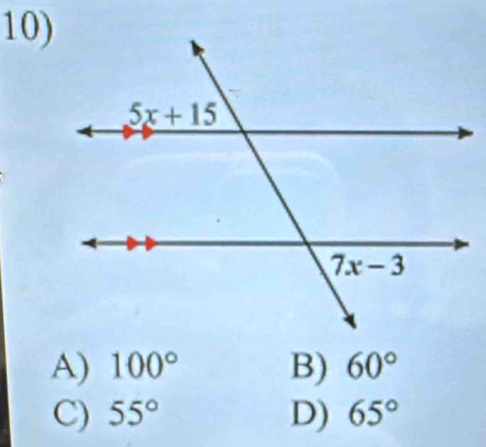 A) 100° B) 60°
C) 55° D) 65°