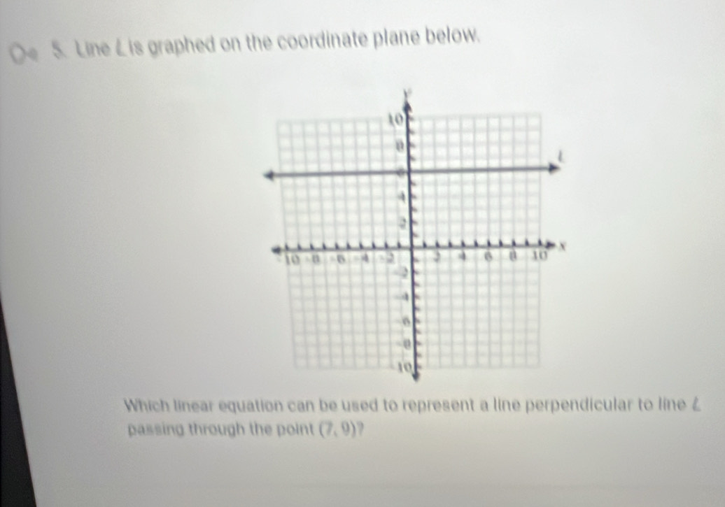 Line L is graphed on the coordinate plane below. 
Which linear equation can be used to represent a line perpendicular to line £
passing through the point (7,9)