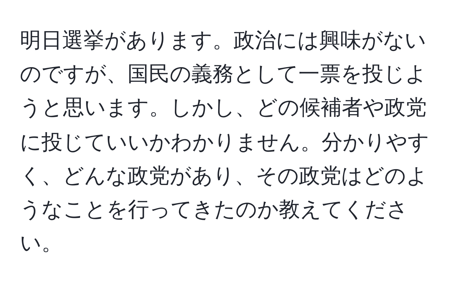 明日選挙があります。政治には興味がないのですが、国民の義務として一票を投じようと思います。しかし、どの候補者や政党に投じていいかわかりません。分かりやすく、どんな政党があり、その政党はどのようなことを行ってきたのか教えてください。