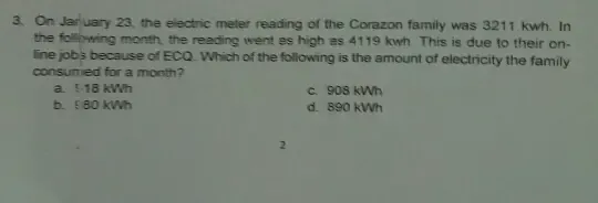 Solved: On Jar uary 23, the electric meter reading of the Corazon ...