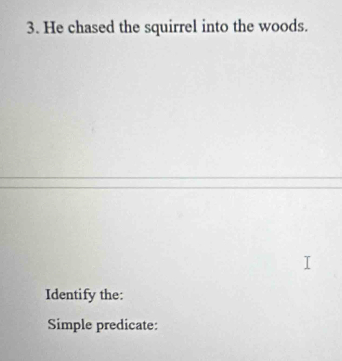 He chased the squirrel into the woods. 
Identify the: 
Simple predicate: