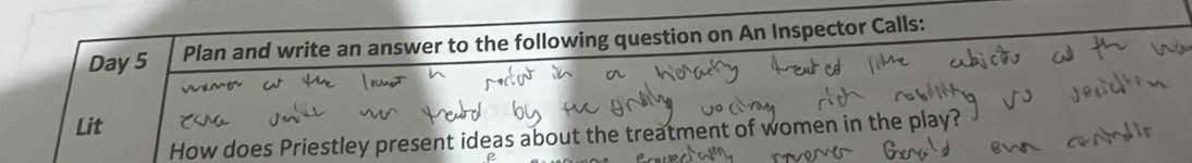 Day 5 Plan and write an answer to the following question on An Inspector Calls: 
Lit 
How does Priestley present ideas about the treatment of women in the play