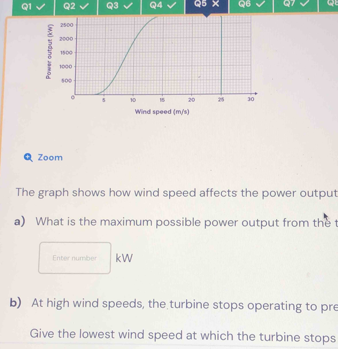 × 6 
QE
2500
2000
1500
1000
500
o 5 10 15 20 25 30
Wind speed (m/s) 
Zoom 
The graph shows how wind speed affects the power output 
a) What is the maximum possible power output from the t 
Enter number kW 
b) At high wind speeds, the turbine stops operating to pre 
Give the lowest wind speed at which the turbine stops