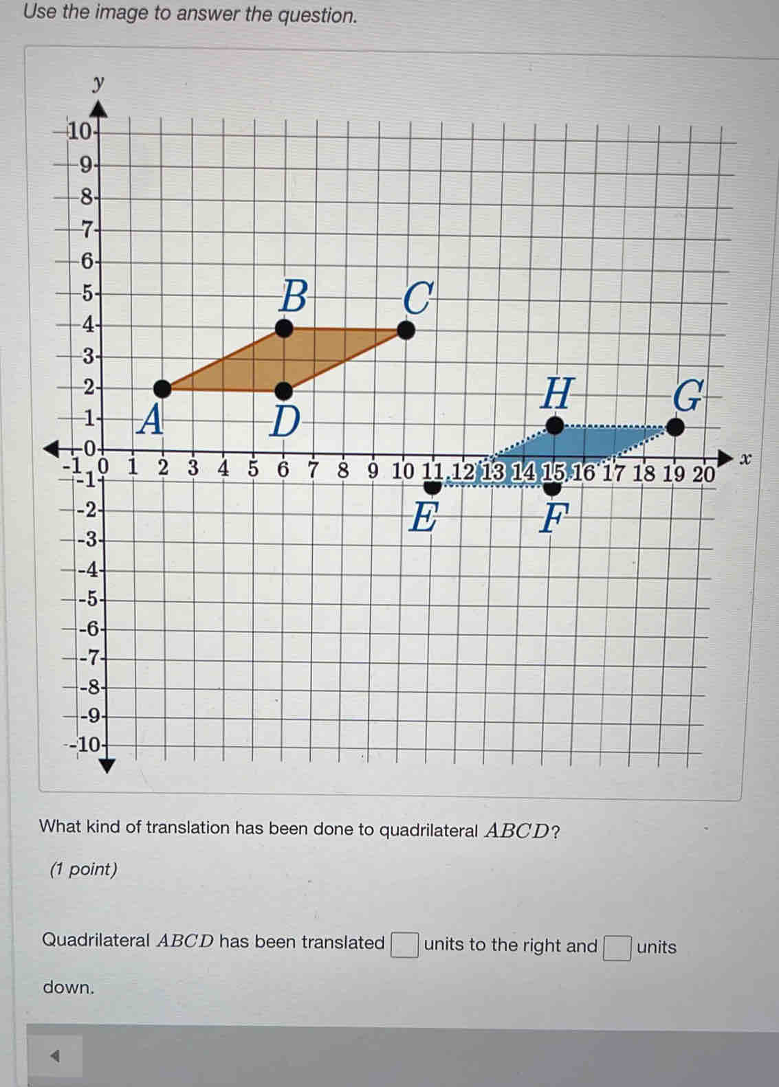 Use the image to answer the question.
x
What kind of translation has been done to quadrilateral ABCD? 
(1 point) 
Quadrilateral ABCD has been translated □ units to the right and □ units 
down.