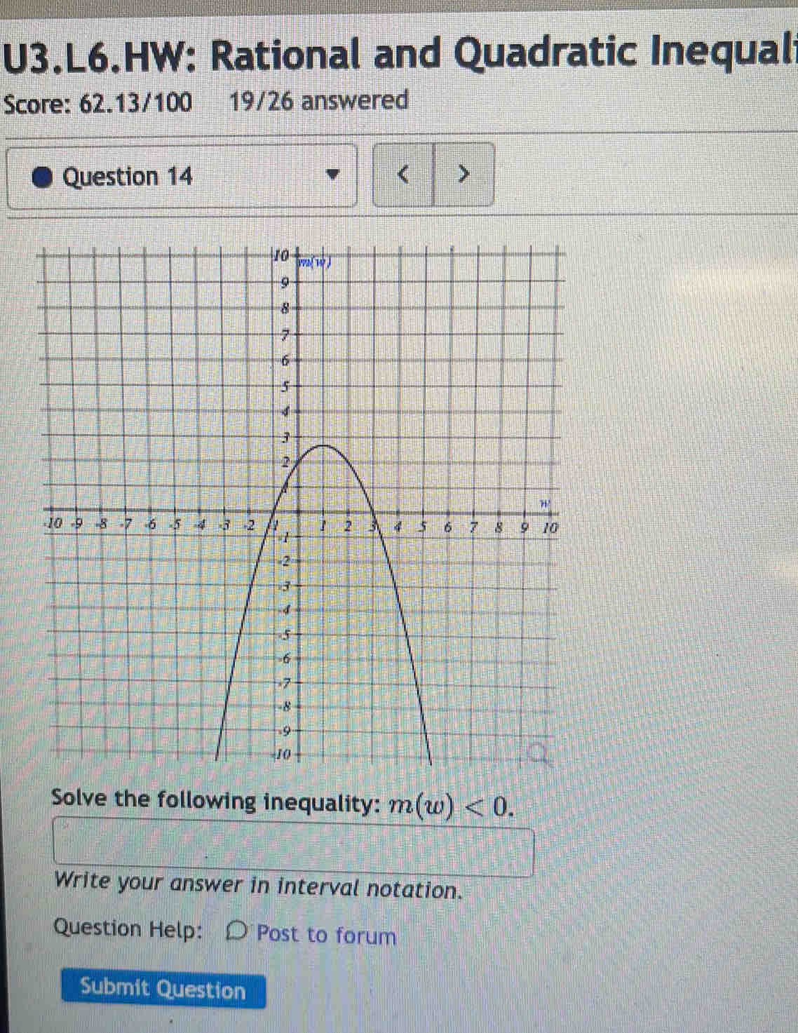 U3.L6.HW: Rational and Quadratic Inequal
Score: 62.13/100 19/26 answered
Question 14 < >
Solve the following inequality: m(w)<0.
Write your answer in interval notation.
Question Help: Post to forum
Submit Question