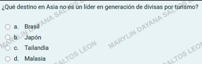 ¿Qué destino en Asia no es un líder en generación de divisas por turismo?
a. Brasil
b. Japón
d. Malasia LTOS LEO ARYLIN DAYANA SA
c. Tailandia
ALTOS LEO