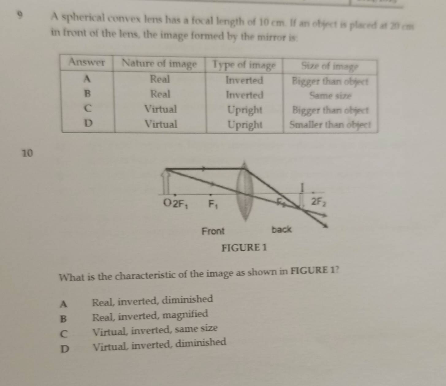 A spherical convex lens has a focal length of 10 cm. If an object is placed at 20 cm
in front of the lens, the image formed by the mirror is:
10
O2F_1 F_1
F 2F_2
Front back
FIGURE 1
What is the characteristic of the image as shown in FIGURE 1?
A Real, inverted, diminished
B Real, inverted, magnified
C Virtual, inverted, same size
D Virtual, inverted, diminished