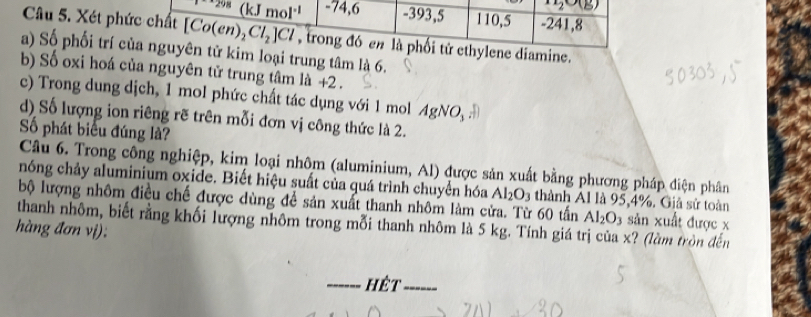 x_2upsilon (B)
(kJ mol^(-1) -74, 6 - 393, 5 110, 5 - 241, 8
Câu 5. Xét phức chất [Co(en)_2Cl_2]Cl , trong đó n là phối tử ethylene diamine. 
a) Số phối trí của nguyên tử kim loại trung tâm là 6. 
b) Số oxi hoá của nguyên tử trung tâm là +2. 
c) Trong dung dịch, 1 mol phức chất tác dụng với 1 mol AgNO_3. 
d) Số lượng ion riêng rẽ trên mỗi đơn vị công thức là 2. 
Số phát biểu đúng là? 
Câu 6. Trong công nghiệp, kim loại nhôm (aluminium, Al) được sản xuất bằng phương pháp điện phân 
nóng chảy aluminium oxide. Biết hiệu suất của quá trình chuyển hóa Al_2O_3 thành Al là 95, 4%. Giả sử toàn 
bộ lượng nhôm điều chế được dùng để sản xuất thanh nhôm làm cửa. Từ 60 tấn Al_2O_3 sản xuất được x
thanh nhôm, biết rằng khối lượng nhôm trong mỗi thanh nhôm là 5 kg. Tính giá trị của x? (làm tròn đến 
hàng đơn vị): 
hết