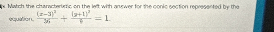 Match the characteristic on the left with answer for the conic section represented by the 
equation, frac (x-3)^236+frac (y+1)^29=1.
