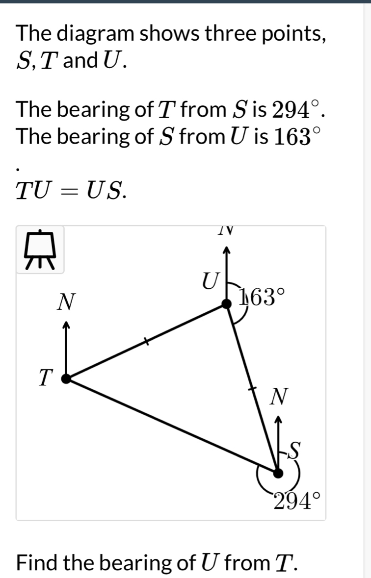 The diagram shows three points,
S, T and U. 
The bearing of T from S is 294°. 
The bearing of S from U is 163°
TU=US.
1V
U
N
163°
T
N
S
294°
Find the bearing of U from T.