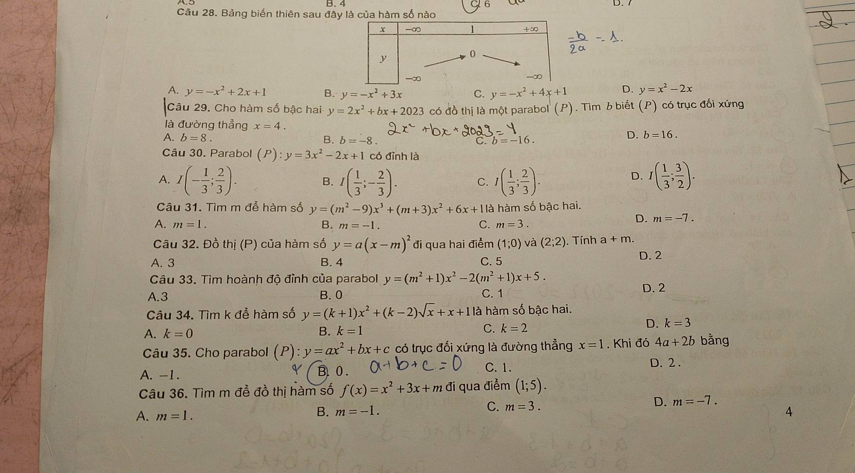 B.4 D.  7
Câu 28. Bảng biến thiên sau đây là của hàm số nào
A. y=-x^2+2x+1 B. y=-x^2+3x C. y=-x^2+4x+1
D. y=x^2-2x
Câu 29. Cho hàm số bậc hai y=2x^2+bx+2023 có đồ thị là một parabol (P). Tìm b biết (P) có trục đối xứng
là đường thẳng x=4.
A. b=8. B. b=-8 C. b=-16.
D. b=16.
Câu 30. Parabol (P):y=3x^2-2x+1 có đình là
A. I(- 1/3 ; 2/3 ). I( 1/3 ;- 2/3 ). I( 1/3 ; 2/3 ).
B.
C.
D. I( 1/3 ; 3/2 ).
Câu 31. Tìm m đễ hàm số y=(m^2-9)x^3+(m+3)x^2+6x+ là hàm số bậc hai.
C.
A. m=1. B. m=-1. m=3.
D. m=-7.
Câu 32. Đồ thj(P) của hàm số y=a(x-m)^2 đi qua hai điểm (1;0) và (2;2). Tính a+m.
D. 2
A. 3 B. 4 C. 5
Câu 33. Tìm hoành độ đỉnh của parabol y=(m^2+1)x^2-2(m^2+1)x+5.
A.3 B. 0 C. 1 D. 2
Câu 34. Tìm k để hàm số y=(k+1)x^2+(k-2)sqrt(x)+x+1 là hàm số bậc hai.
A. k=0 B. k=1 C. k=2
D. k=3
Câu 35. Cho parabol (P):y=ax^2+bx+c có trục đối xứng là đường thẳng x=1. Khi đó 4a+2b bằng
A. -1. B. 0 . C. 1.
D. 2 .
Câu 36. Tìm m để đồ thị hàm số f(x)=x^2+3x+m đi qua điểm (1;5).
B. m=-1.
C. m=3. D. m=-7.
A. m=1. 4