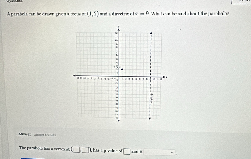 parabola can be drawn given a focus of (1,2) and a directrix of x=9. What can be said about the parabola? 
Answer Attempt 1 out of 2 
The parabola has a vertex at (□ ,□ ) , has a p -value of □ and it □ .