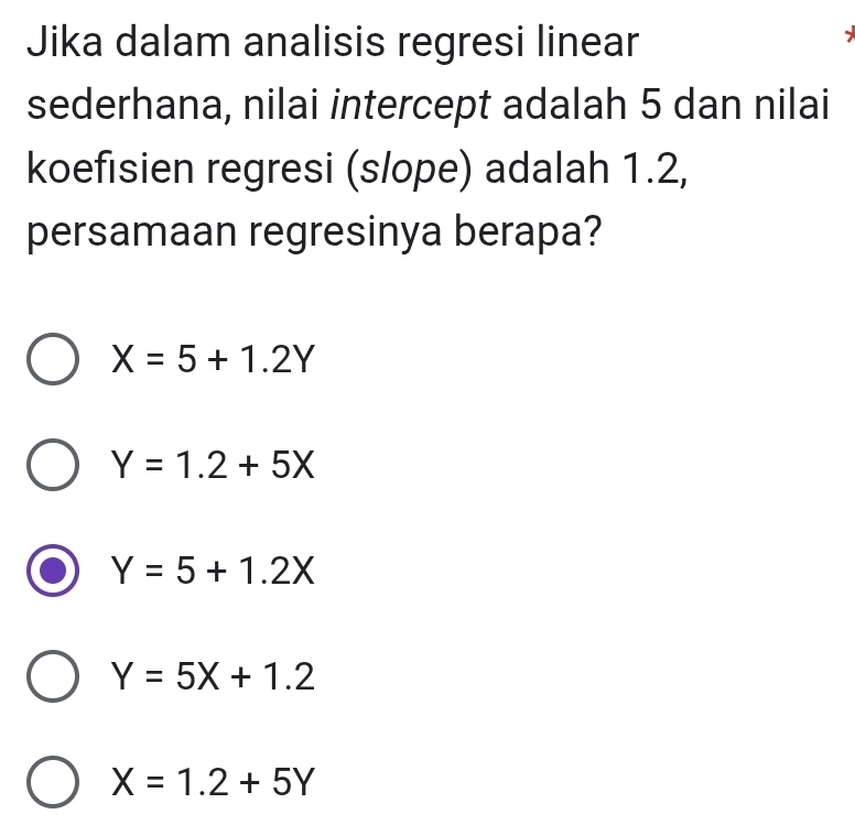 Jika dalam analisis regresi linear
sederhana, nilai intercept adalah 5 dan nilai
koefisien regresi (slope) adalah 1.2,
persamaan regresinya berapa?
X=5+1.2Y
Y=1.2+5X
Y=5+1.2X
Y=5X+1.2
X=1.2+5Y