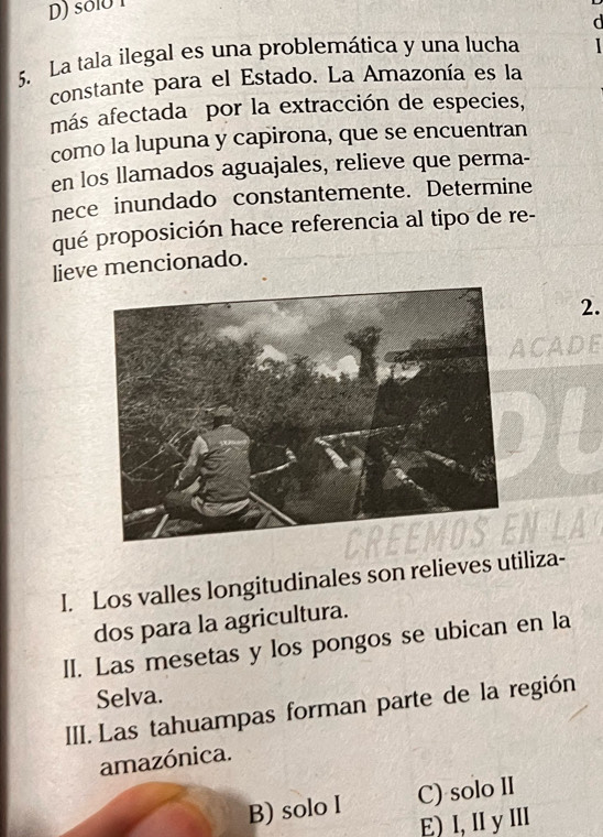 sol0 
5. La tala ilegal es una problemática y una lucha
constante para el Estado. La Amazonía es la
más afectada por la extracción de especies,
como la lupuna y capirona, que se encuentran
en los llamados aguajales, relieve que perma-
nece inundado constantemente. Determine
qué proposición hace referencia al tipo de re-
lieve mencionado.
2.
I. Los valles longitudinales son relieves utiliza-
dos para la agricultura.
II. Las mesetas y los pongos se ubican en la
Selva.
III. Las tahuampas forman parte de la región
amazónica.
B) solo I C) solo II
E) I, Il y III