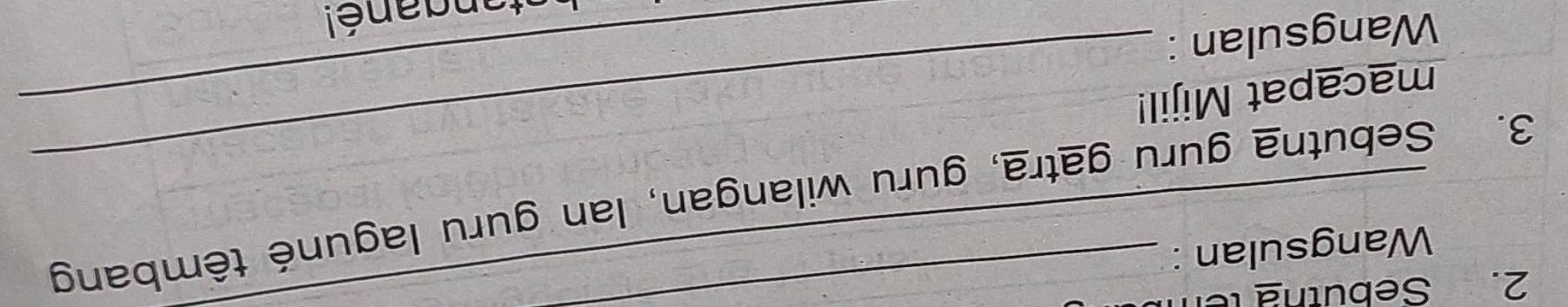 Sebuthg tem 
Wangsulan : 
3. Sebutna guru gatra, guru wilangan, lan guru laguné têmbang 
macapat Mijil! 
Wangsulan : 
_ 
_