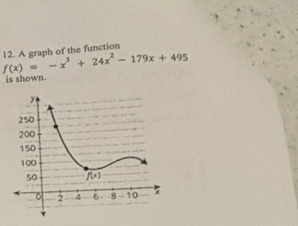 f(x)=-x^3+24x^2-179x+495 12. A graph of the function
is shown.