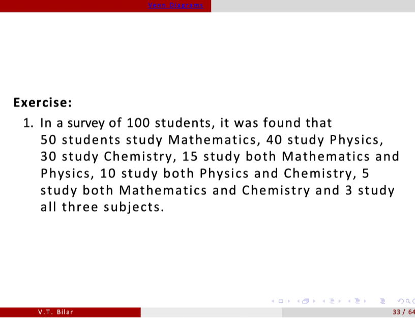 In a survey of 100 students, it was found that
50 students study Mathematics, 40 study Physics,
30 study Chemistry, 15 study both Mathematics and 
Physics, 10 study both Physics and Chemistry, 5
study both Mathematics and Chemistry and 3 study 
all three subjects. 
V.T. Bilar 33 64