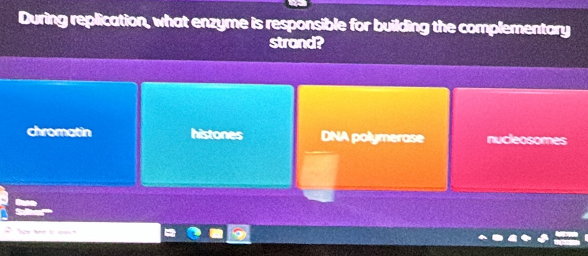 During replication, what enzyme is responsible for building the complementary
strand?
chromatin histones DNA polymerase nucleosomes
or."