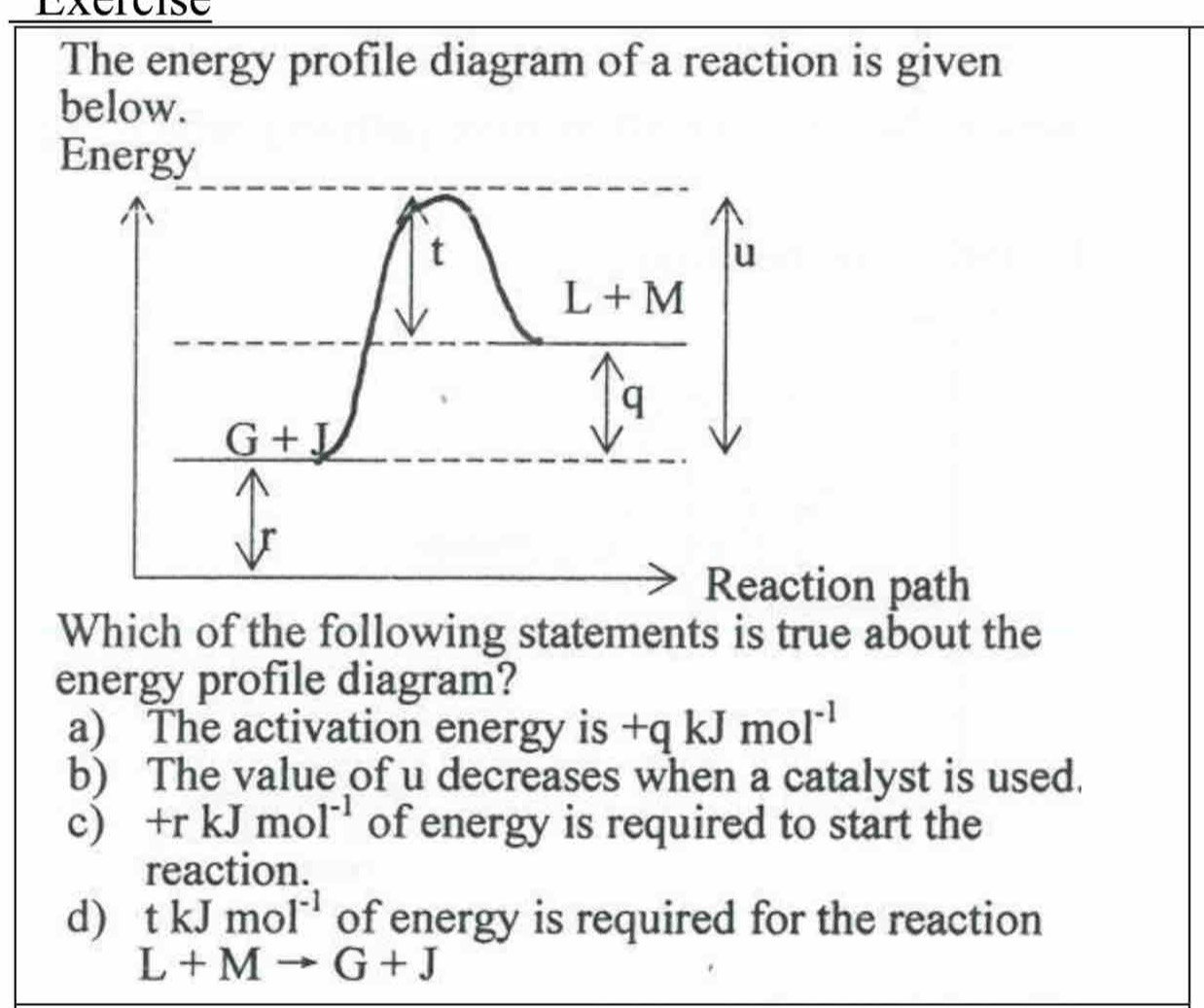 Exercise
The energy profile diagram of a reaction is given
below.
Energy
t
u
L+M
q
G+J
Reaction path
Which of the following statements is true about the
energy profile diagram?
a) The activation energy is +qkJmol^(-1)
b) The value of u decreases when a catalyst is used.
c) +rkJmol^(-1) of energy is required to start the
reaction.
d) tkJmol^(-1) of energy is required for the reaction
L+Mto G+J