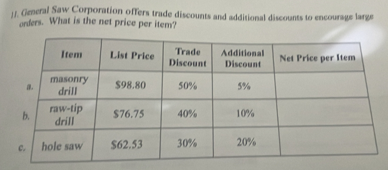 )1. General Saw Corporation offers trade discounts and additional discounts to encourage large 
orders. What is the net price per item?