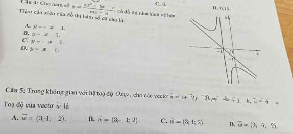 C. 6. D. 0, 15.
Câu 4: Cho hàm số y= (ax^2+bxc)/mx+n  có đồ thị như hình vẽ bên
Tiệm cận xiên của đồ thị hàm số đã cho là
A. y=-x1.
B. y=x1.
C. y=-x1.
D. y=x1. 
Câu 5: Trong không gian với hệ toạ độ Oxyz, cho các vectơ vector u=vector i+2i+j k, overline w=overline a 1.
Toạ độ của vectơ à là
A. vector w=(3;-1;2). B. vector w=(3;-1;2). C. vector w=(3;1;2). D. vector w=(3;+;2).