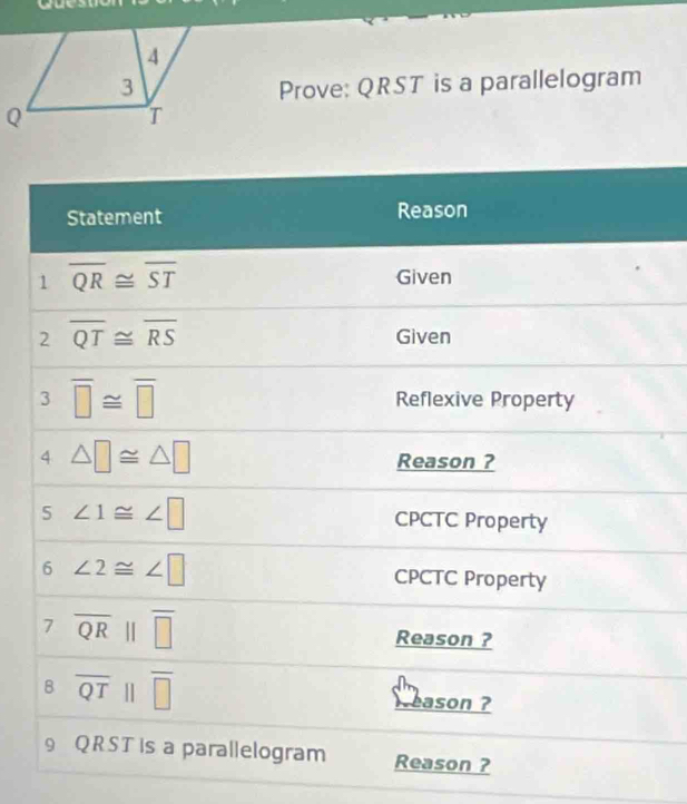 Prove: QRST is a parallelogram