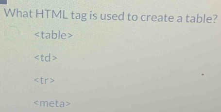 What HTML tag is used to create a table?
table