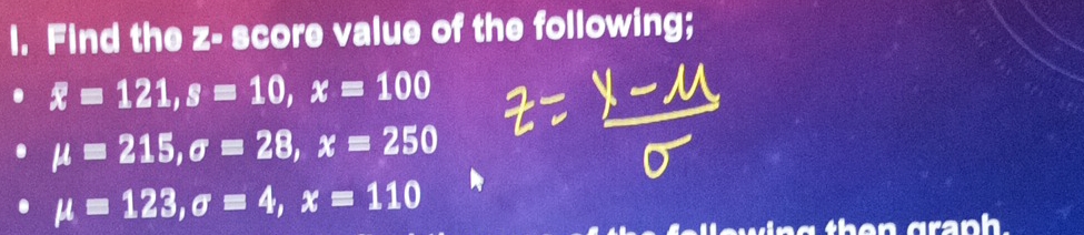 Find the z - score value of the following;
overline x=121, s=10, x=100
mu =215, sigma =28, x=250
mu =123, sigma =4, x=110