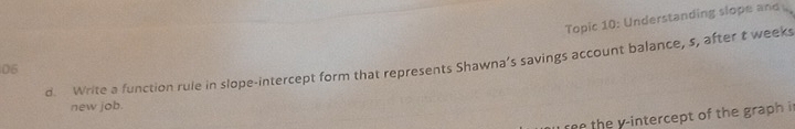 Topic 10: Understanding slope and 
d. Write a function rule in slope-intercept form that represents Shawna’s savings account balance, s, after t weeks
06 
new job. 
re the y-intercept of the graph i