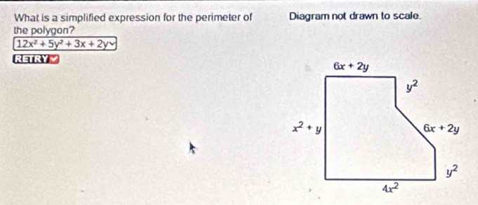 What is a simplified expression for the perimeter of Diagram not drawn to scale.
the polygon?
12x^2+5y^2+3x+2y
RETRY