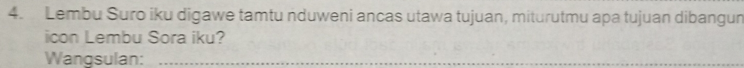 Lembu Suro iku digawe tamtu nduweni ancas utawa tujuan, miturutmu apa tujuan dibangun 
icon Lembu Sora iku? 
Wangsulan:_