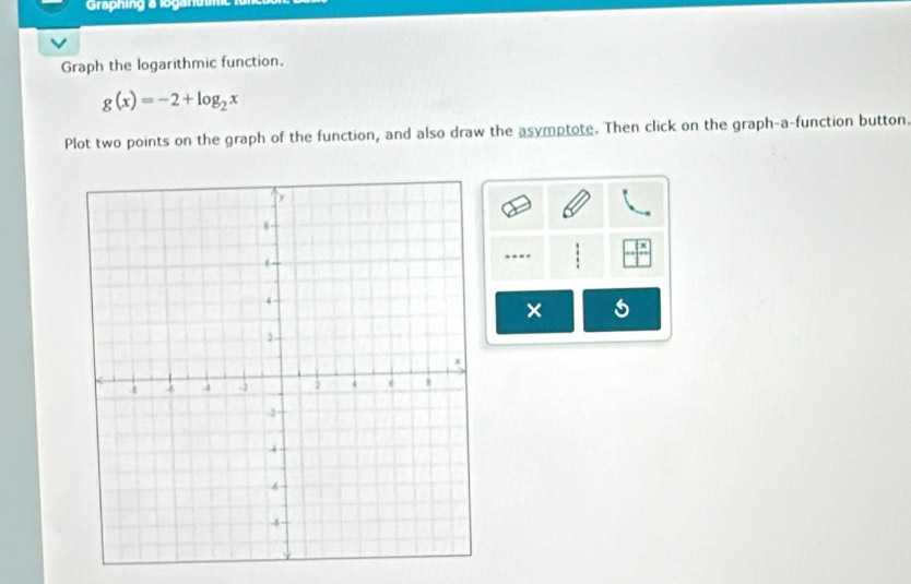 Graphing a loganmt 
Graph the logarithmic function.
g(x)=-2+log _2x
Plot two points on the graph of the function, and also draw the asymptote. Then click on the graph-a-function button. 
×