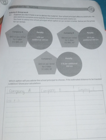 Warksheet Bs - MATHS 
Artivity 2: Group wory 
2.3 Suppose you don't have a car to deliver the material. Your school principal offer to assist you. He 
also wants to complete sowe tasks for the school and those sask need a car. 
for car rewnals You have to edivise the school principal which option on car rentals is setter Below are the prices 
Company h
600 km per renta for 3 days
2 843, 6 3
Company C
600 km per nintal for 3 days
3 454, 50
Which option will you advise the school principal to choose, if the estimated distance to be traveled