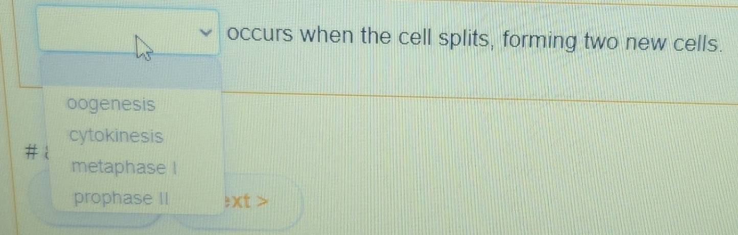 occurs when the cell splits, forming two new cells.
oogenesis
cytokinesis
#
metaphase I
prophase II!xt>